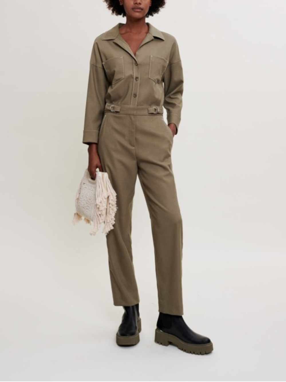 Maje Khaki Green Virgin Wool Utility Jumpsuit EU 42 US 10 Large Cargo Romper⁠